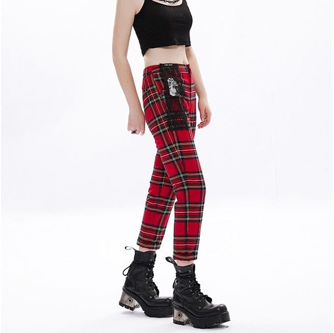 InsGoth Punk Streetwear Red Plaid Striaght Pant Women Gothic Harajuku High  Waist Long Trousers Casual Partwork